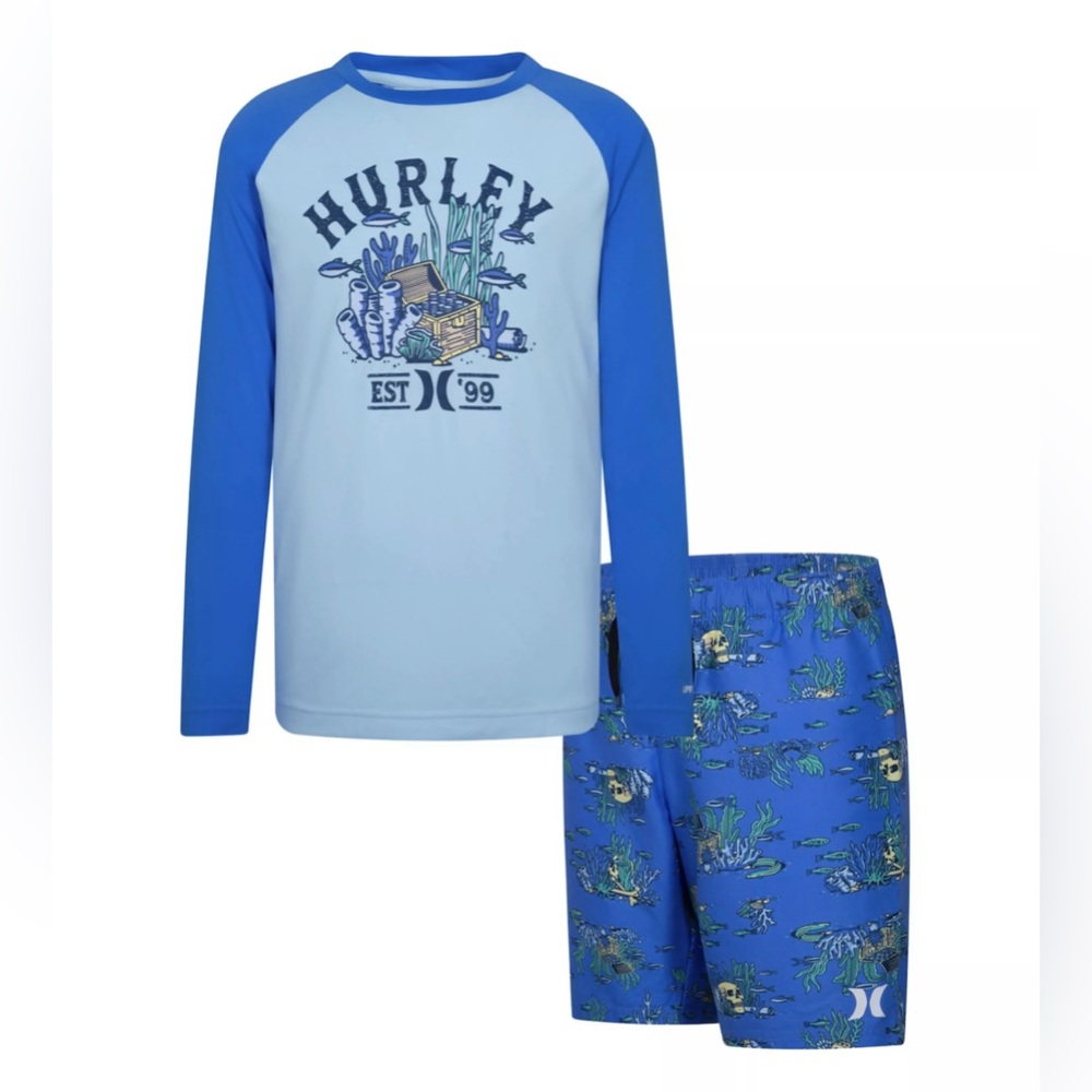NEW Youth 14/16 Hurley Swim UPF 50+ Long-Sleeve Rashguard & Swim‎ Trunks, Boy